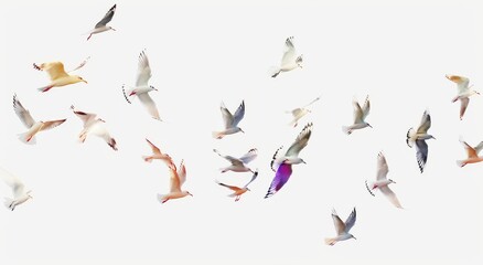 Flock of Seagulls Flying Against White Background Aerial View Motion Freedom Concept