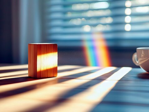 A close-up shot of a small, rectangular wooden block standing on a wooden table. Sunlight streams through blinds, casting striped shadows across the surface and