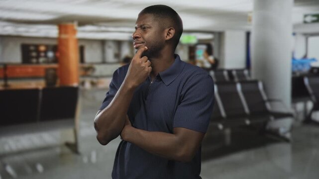 Man touching chin with one arm crossed, standing in an airport terminal seating area with rows of seats and a pillar visible; thoughtful patience.
