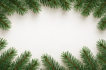 Green pine branches framing white background for seasonal or holiday design