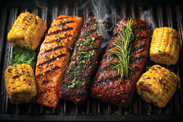 Top-View of Mixed Grill: Beef, Chicken, Fish, and Corn