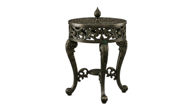 Ornate, antique bronze side table with detailed carved design against a black backdrop