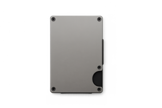 Minimalist rigid card holder wallet for modern men storing money and credit cards, transparent background