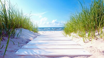 A white wooden boardwalk stretches through sand dunes covered with green grass, leading towards the blue ocean under a clear sky with scattered clouds. The scen