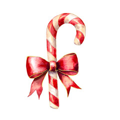 Watercolor christmas red and white candy cane with red bow on a white background