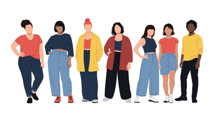 Obraz premium Group of seven diverse and stylish young people of different body types and ethnicities standing together in casual modern outfits.