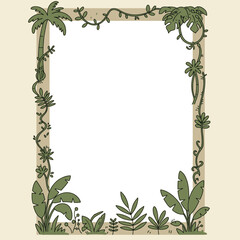 A hand-drawn jungle-themed border frame with various green plants and vines on a light background, perfect for invitations or designs.
