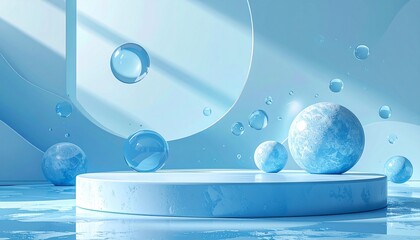 translucent blue spheres minimalist architecture soft lighting abstract surreal composition futuristic design --v 5 --ar 16:9