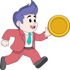 Investor Mascot Running with a Large Gold Coin Symbolizing Wealth Success in Cartoon Illustration