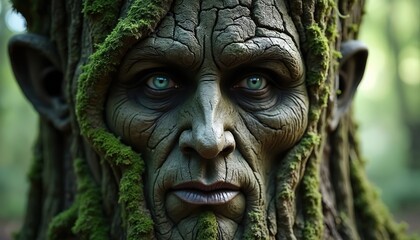 Ancient tree spirit with human face and mossy bark watches from green forest. Its textured skin and piercing blue eyes suggest wisdom and mystery. Old guardian of the woodland.