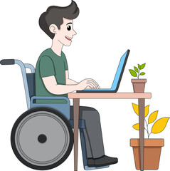 Illustration of a Disabled Worker Using a Laptop at a Desk in a Productive Workspace Setting