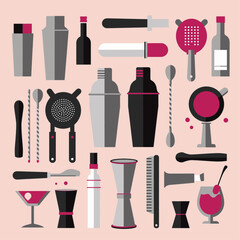 Flat design illustration of various bar tools and cocktail making equipment, including shakers, jiggers, strainers, and bottles, on a light pink background.