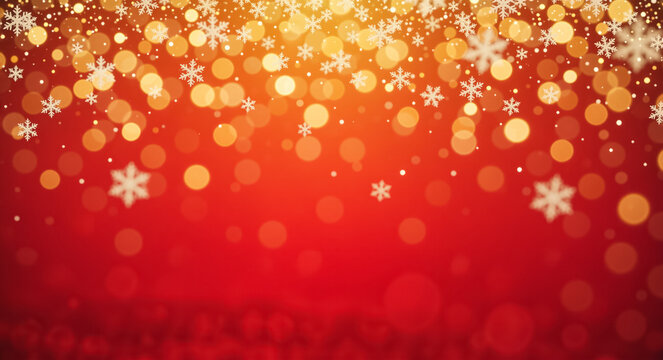 Red Christmas background with falling snowflakes and gold bokeh. Abstract winter holiday illustration for New Year celebration
