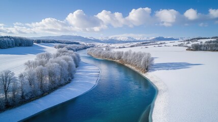 Obraz premium Aerial view of winding river surrounded by snowy winter landscape and frosted trees under a vibrant blue sky