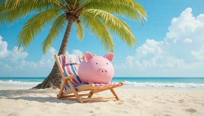 A pink piggy bank relaxing on a beach chair under a palm tree with a beautiful ocean view behind it