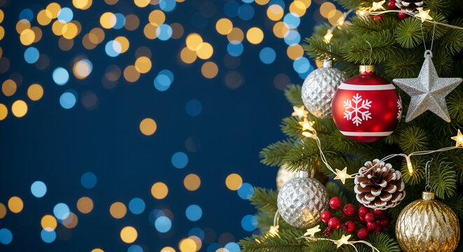 Christmas tree with red bauble and silver star on blue bokeh background. Festive holiday decoration with pinecone. New Year greeting card template