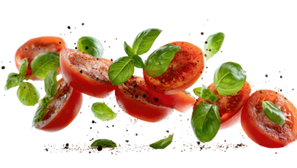 Fresh tomatoes and basil tossed in spices suspended in air