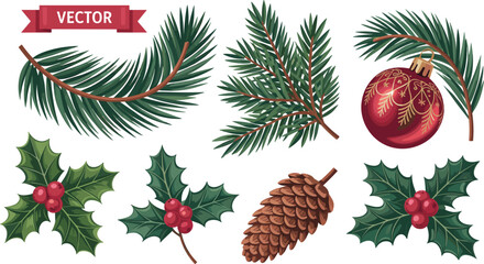 Christmas botanical elements with pine branches, holly leaves, red berries, pinecone and festive ornament, winter holiday decoration set, CAD drawing flat vector illustration