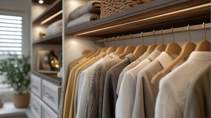 Obraz premium A space-efficient walk-in closet designed with layered hanging rods, retractable valet hooks, and modular drawer inserts — optimized clothing storage, smart wardrobe organization, and luxury