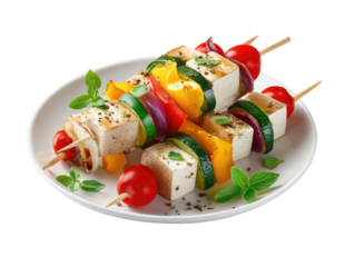 Healthy skewers with grilled tofu and vibrant vegetables on a plate