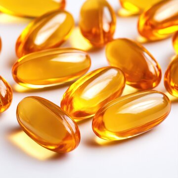Omega 3 fish oil capsules scattered on white surface