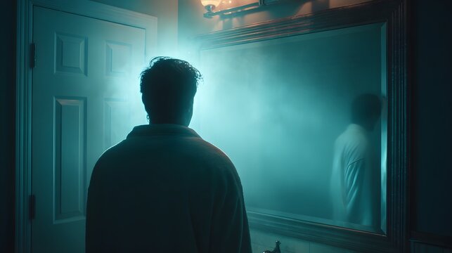 Silhouette of a man standing in a dark hallway facing a mysterious blue light.