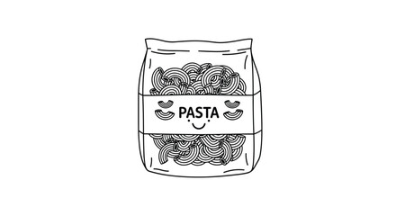 Cute cartoon black and white illustration of a bag of pasta with a smiling face.
