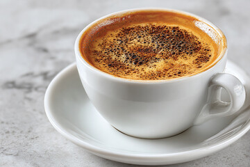 Traditional Greek Coffee in White Ceramic Cup, Side View