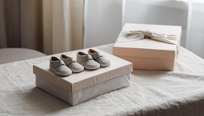 Set of  baby shoes arranged neatly on a wrapped box beside a ribboned gift