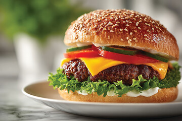 Delicious Burger Served on Clean White Plate, Minimalistic Style
