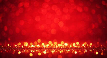 Red bokeh background with gold glitter floor. Festive Christmas and New Year holiday decoration. Abstract party backdrop with room for text