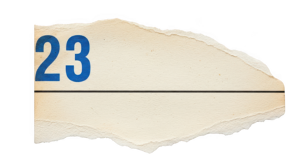 Torn paper with number 23 isolated on transparent background