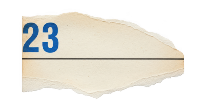 Torn paper with number 23 isolated on transparent background