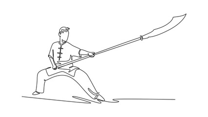 Self drawing animation single line draw man Wushu athlete poised in deep horse stance, holding long guandao in powerful forward thrust. Discipline and strength. Continuous line. Full length animated