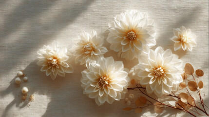 Elegant dahlia arrangement with neutral tones for a sophisticated aesthetic. This beautiful floral arrangement is perfect for adding a touch of natural beauty to any design project