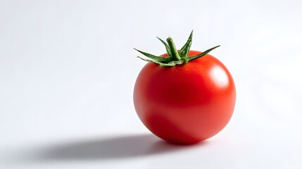 Single fresh ripe red tomato with a green stem isolated on a clean white studio background.