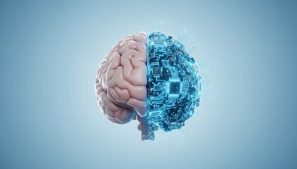 Human brain showing a transformative integration of organic neural tissue and glowing blue digital circuit board elements. Symbolizing artificial intelligence capabilities and technological evolution