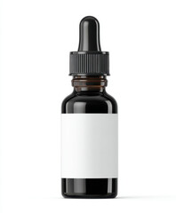 Minimalist dark glass dropper bottle with blank white label, isolated on white background, studio lighting highlighting glass texture and sleek cosmetic packaging design