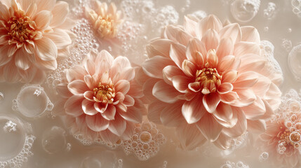 Elegant dahlias floating in water with bubbles, perfect for beauty and wellness. These beautiful peach-colored dahlias create a serene and calming atmosphere, ideal for spa or wellness promotions