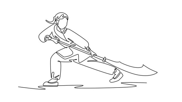 Self drawing animation single line draw woman Wushu athlete poised in deep bow stance, holding halberd in powerful, low guard. Discipline, strength, focus form. Continuous line. Full length animated