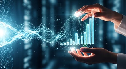 Hands Guiding Abstract Data Visualization, Growth Bars and Energetic Connections for Innovative Business Concepts.