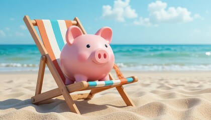 A pink piggy bank relaxing on a beach chair with a view of the ocean and blue sky in the background