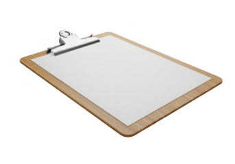 Wooden clipboard with blank paper isolated on transparent background for notes and lists