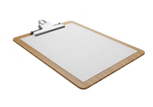 Wooden clipboard with blank paper isolated on transparent background for notes and lists