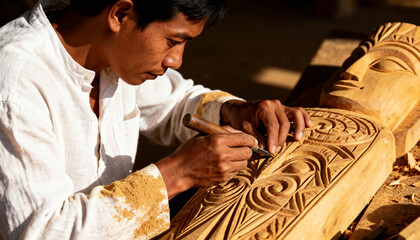 Skilled Asian craftsman carving an intricate wooden sculpture. Close-up of an artisan using a chisel tool in a workshop. Traditional handmade craft and artistry concept