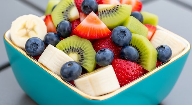 Colorful Fresh Fruit Salad Bowl with Berries and Kiwi Slices