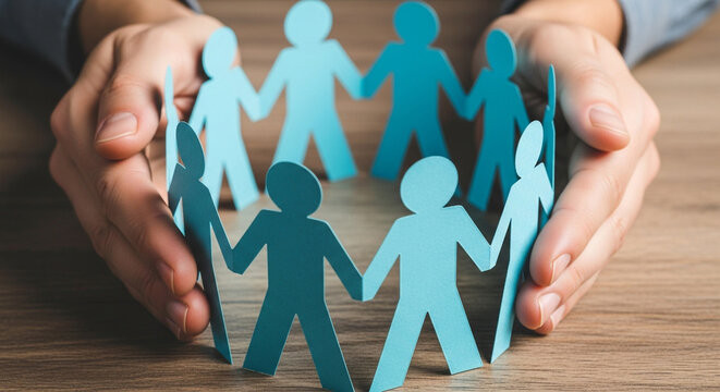 Hands protecting a circle of paper cutout people on a wooden surface, showing unity and support