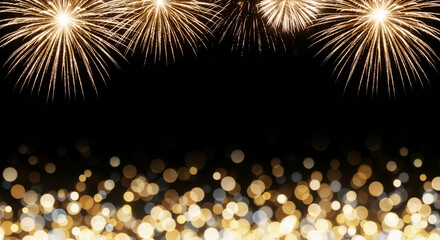 Golden fireworks and bokeh lights on a black background. Festive New Year's Eve or Christmas celebration design. Holiday party invitation banner