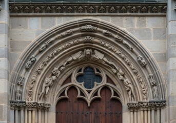 Obraz premium Detailed view of a gothic stone archway decorated with carved gargoyles and grotesque figures in ancient architecture ,stone ,portal ,exterior
