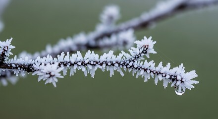 Detailed close-up of delicate hoarfrost crystals on winter branch.